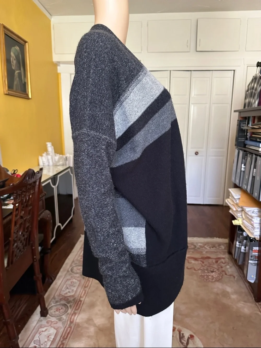 Vince Variegated Stripe Oversized Cardigan Black Gray Cashmere Blend Sweater S